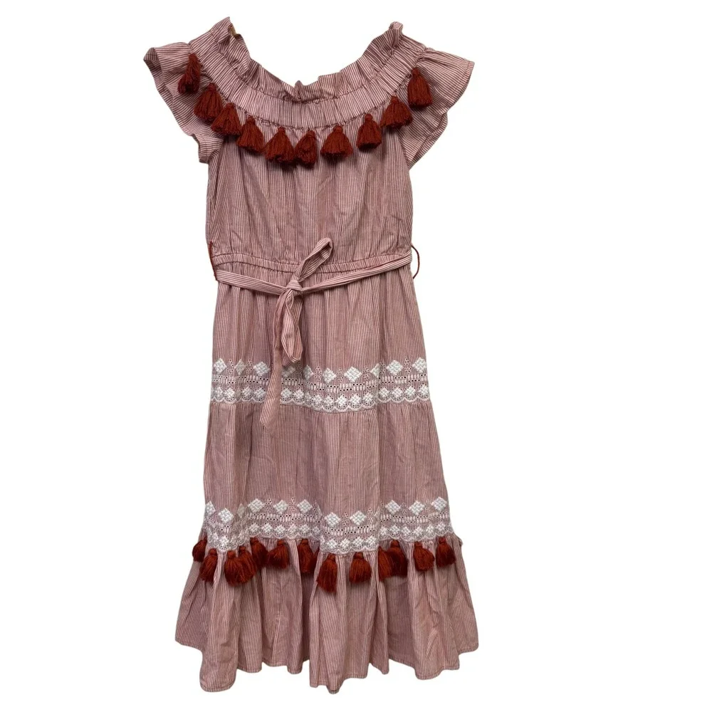 Tularosa Midi Dress Medium Lana Rust Stripe Boho Off Shoulder Peasant Ren Faire